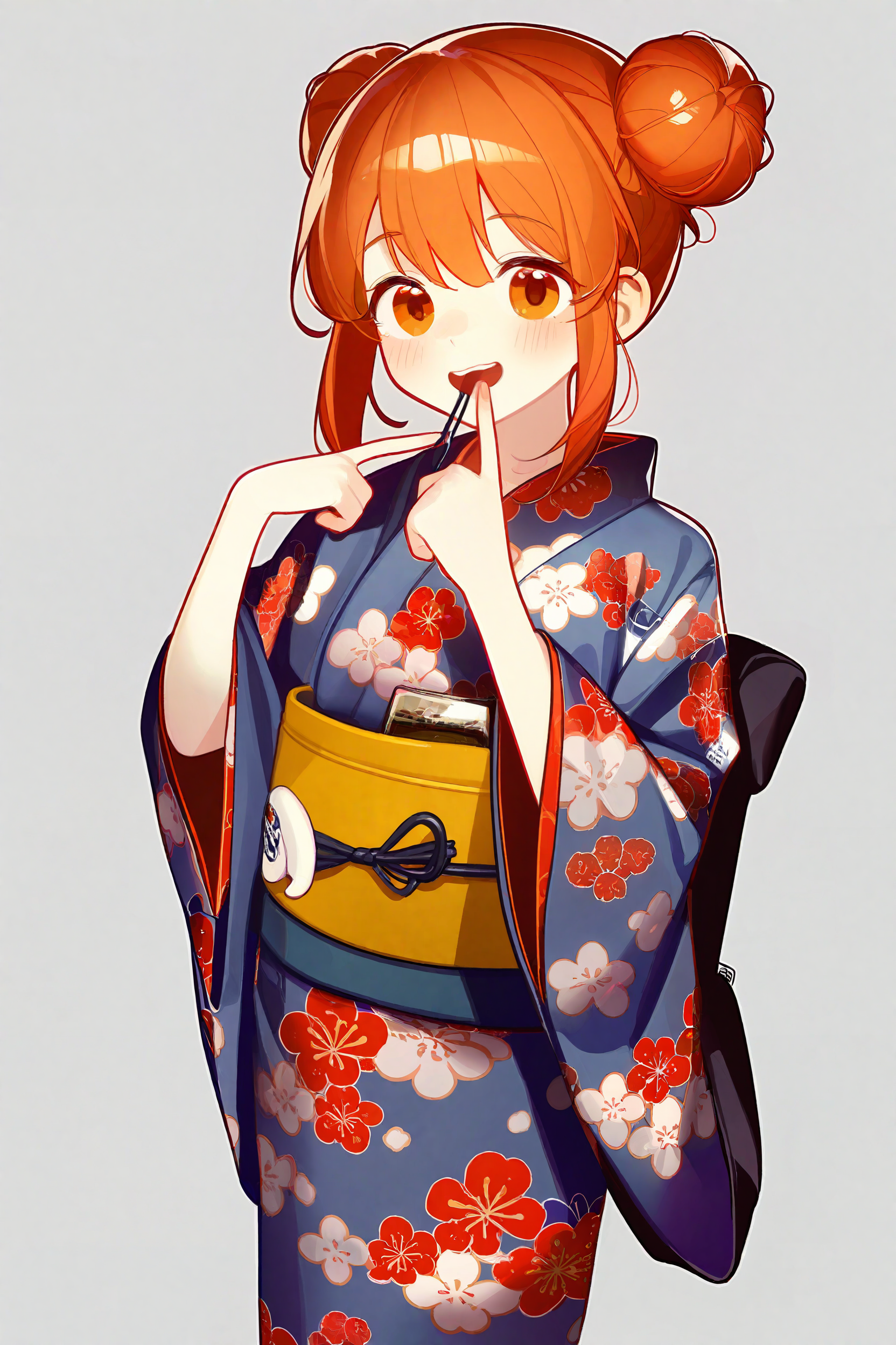 by antifreeze3, best quality, beautiful color, 1girl, solo, white background, looking at viewer, holding bag, blush, smile, finger to mouth, open mouth, red hair, single hair bun, bangs, long sleeves, yukata, obi, floral print