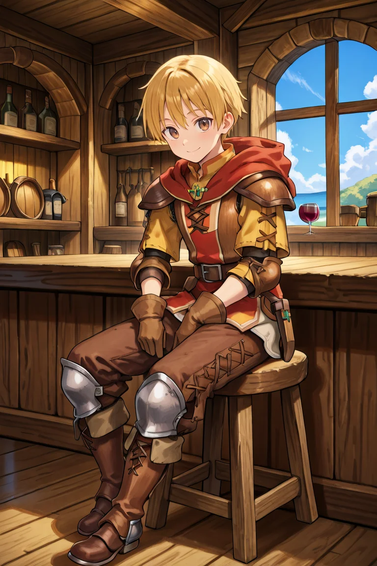 <lora:Canaan:0.8> , CaDef, solo, 1boy, brown eyes, short hair, blonde hair, red hood, hood down, shoulder pads, elbow pads, armor, brown pants, capri pants, brown armor, cross-laced clothes, yellow sleeves, brown gloves, gloves, armored boots, brown boots, boots, full body, sitting, smile, closed mouth, tavern, bar, wine shelves, wooden countertop, windows, interior, clouds, tavern room, adventurer's guild, sitting, bar stool, medieval fantasy, looking at viewer, solo, masterpiece, very aesthetic, absurdres, best quality, amazing quality, high resolution, detailed background, <lora:illustrious_quality_modifiers_masterpieces_v1:0.8> , <lora:ChamIllustriousBackgroundEnhancer:0.5>