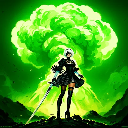 score_9, score_8_up, score_7_up, detailed background, realistic lighting, no_humans,
<lora:Nuclear_Explosion epoch10:1>, nuclear explosion in background, nuclear explosion, green nuke,
<lora:nier-2b-ponyxl-lora-nochekaiser:1>, 2b, black blindfold, black hairband, blindfold, hairband, short hair, white hair,
sword dance,