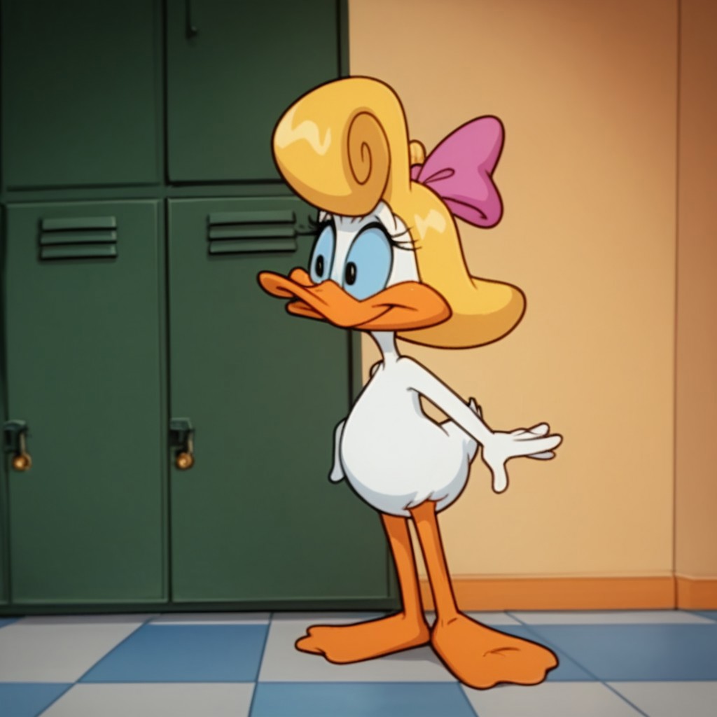 score_9, score_8_up, score_7_up, score_6_up, score_5_up, score_4_up, source_furry, Shirleytta, semi-anthro, female, duck, blonde hair, blue sclera, black eyes, white feathers,  locker room, standing