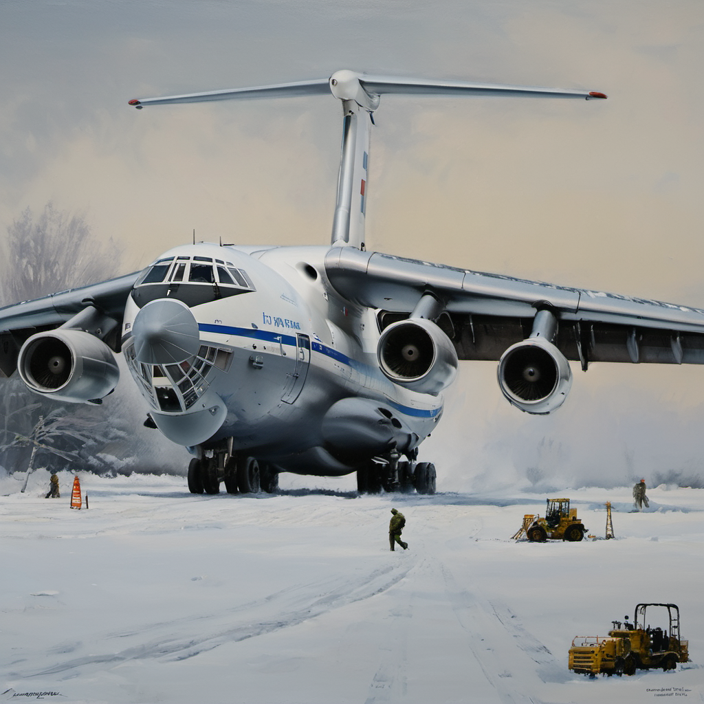 a painting of landing il_76 in snowy field <lora:il_76_2_SDXL:0.9>