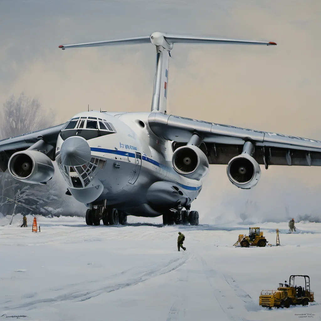 a painting of landing il_76 in snowy field <lora:il_76_2_SDXL:0.9>