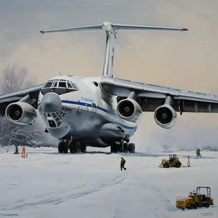 a painting of landing il_76 in snowy field <lora:il_76_2_SDXL:0.9>