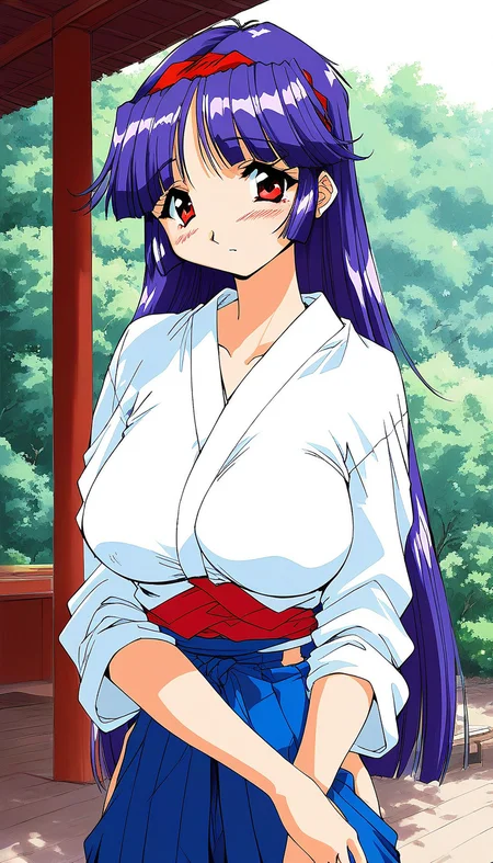 score_9, score_8_up, score_7_up, source_anime, rating_explicit, BREAK <lora:Shiraishi_Yumiko_Ver2.0_XL:1> ShiraishiYumiko, long hair, red eyes, red hairband, purple hair, large breasts, blunt bangs,
1girl, solo, japanese clothes, skirt, hakama, blue hair, muneate, hakama skirt, blush, outdoors, looking at viewer, blue hakama