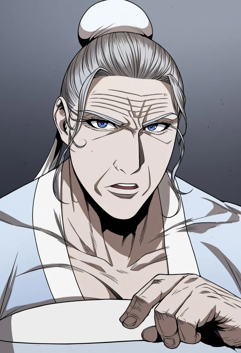 detailed face, detailed eyes, high resolution, intricate design, sharp edges, smooth, high detailed, god level, good proportions, detailed fingers, hairymorph
...
(Gam Rosu, 1girl, old woman, muscular female, grey hair, blue eyes, hair bun, single hair bun, bun cover, Japanese clothes, huge breasts, cleavage)
...
looking at viewer, close up, standing, front view, portrait
...
score_10, score_9, score_8, 1girl, solo, alone
...
grey background