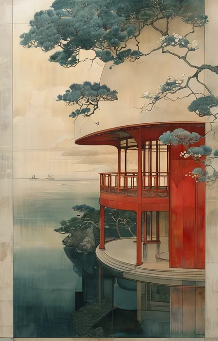 masterpiece,best quality,<lora:tbh309-sdxl:0.9>,illustration,designed by Victor Horta, Minimalist Japanese-inspired tea house by the sea, evoking the style of Tadao Ando
