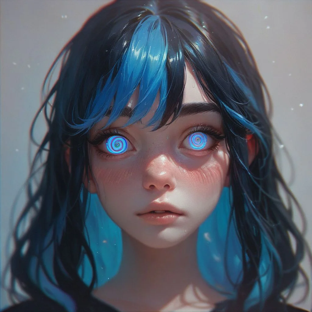 score_9, score_8_up, score_7_up, 1girl, portrait, perfect detailed face, expressive eyes, little girl, blue eyes, blue hair, black hair, multicolored hair, looking at viewer, hypnotic gaze, blush, extremely detailed, absurdres
