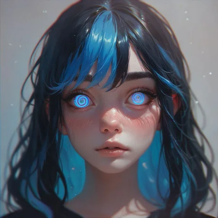 score_9, score_8_up, score_7_up, 1girl, portrait, perfect detailed face, expressive eyes, little girl, blue eyes, blue hair, black hair, multicolored hair, looking at viewer, hypnotic gaze, blush, extremely detailed, absurdres