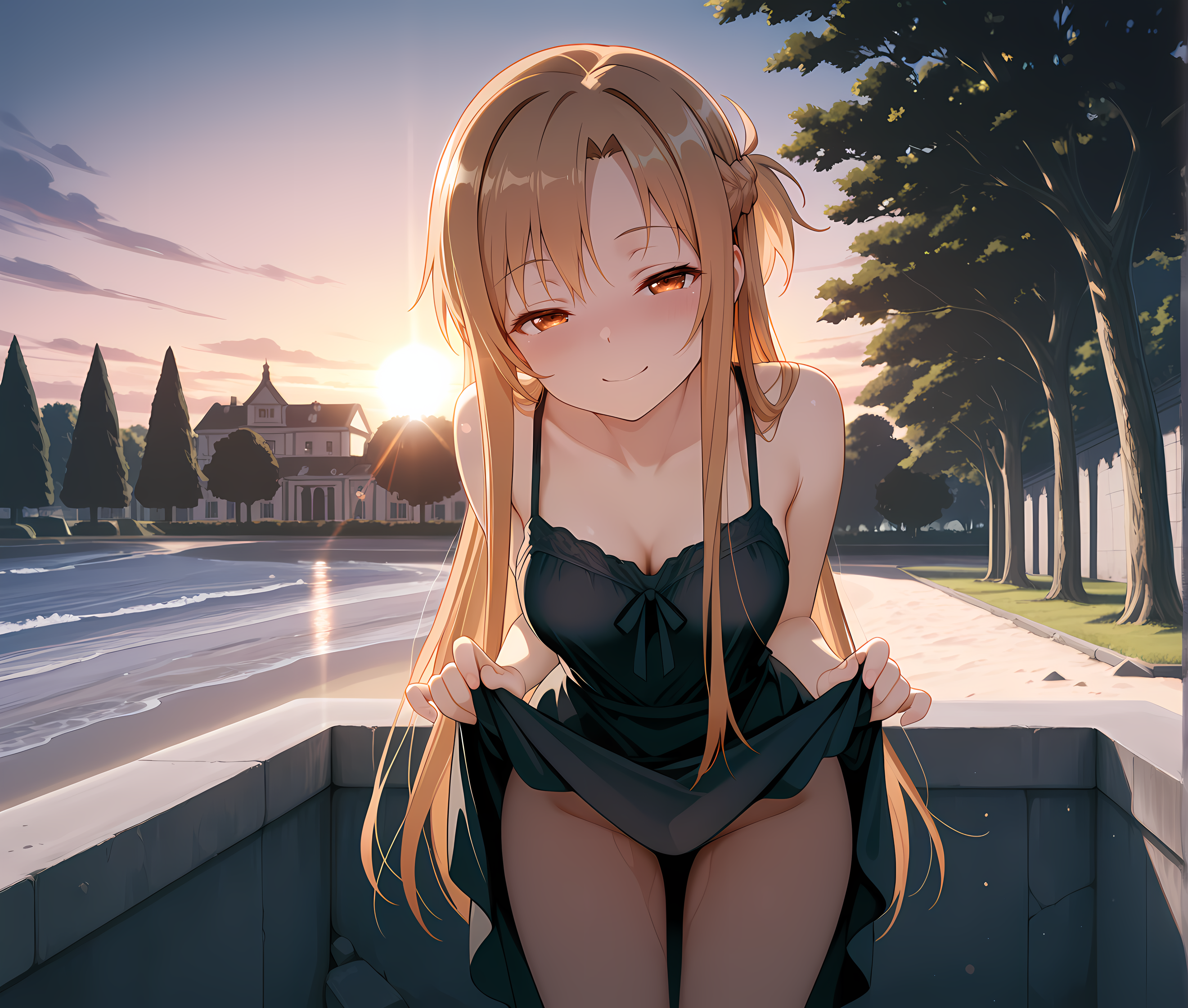 <lora:Teasing__Seduction_Augment_LoRA:1>,looking at viewer,solo,asuna \(sao\),seductive smile,blush,sunrise,mansion,cowboy shot,breasts,black sundress,concrete,ledge,park,glass,beach,outdoors,tree,atmospheric perspective,cinematic lighting,surreal,lens flare,leaning forward,half-closed eyes,no panties,clothes lift,skirt lift,, masterpiece,best quality,amazing quality, very aesthetic, absurdres,detailed eyes,ultra-detailed,