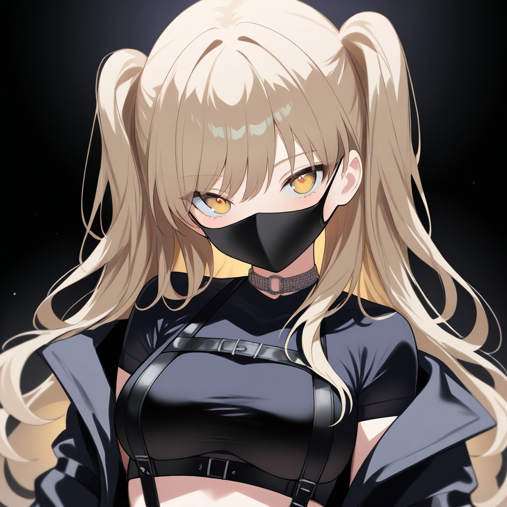 masterpiece, high score, great score, absurdres, no blur, (perfect anatomy), 1girl,SisterClaireNijisanji,sensitive, long hair, two side up, mouth mask, choker, black jacket, open jacket, black shirt, short sleeves, cropped shirt, chest harness, suspenders, o-ring, chain, black background, looking at viewer, <lora:kp_SisterClaireNijisanji9thCostumeAnimagineXL_v1_1:1.0>, soft lighting, beautiful face, highly detailed faces and eyes, perfect hair