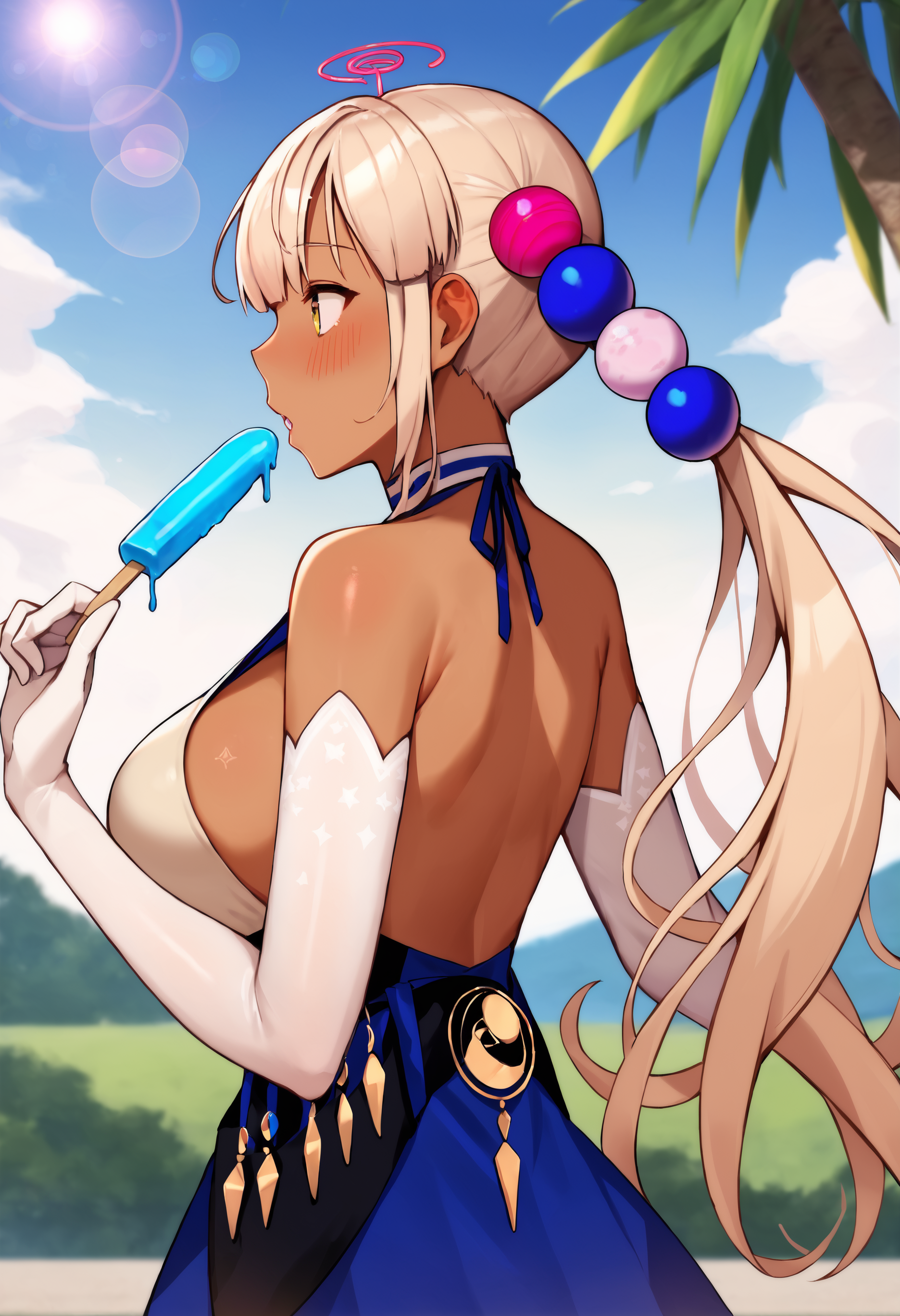 score_9, score_7_up, source_anime, uncensored, 1girl,  <lora:sptsukumoSanaXLPony-000005:1> sana1st, dark-skinned female, huge breasts, planet hair ornament, dress. elbow gloves, white gloves, bare shoulders, halterneck, skirt, day, food, lens flare, outdoors, popsicle, sky, blush, parted lips, profile, solo