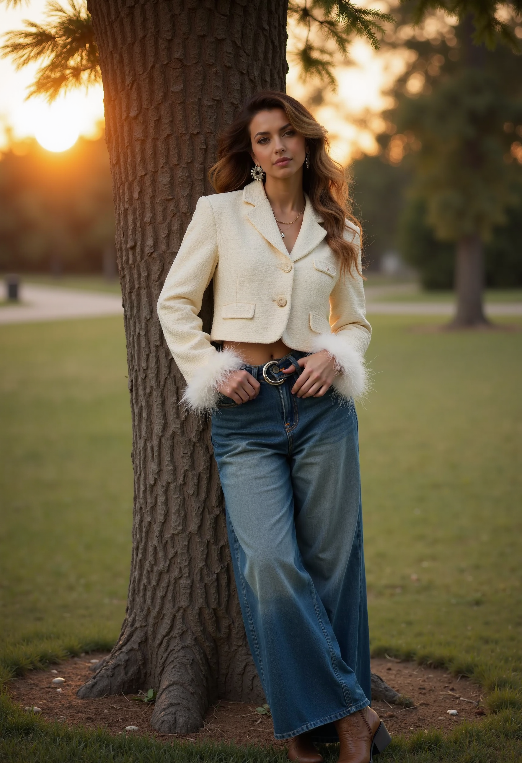 clo030, full-body shot, beautiful woman, wearing a cream cropped blazer with feathered cuffs and high-waisted wide-leg denim jeans, cowboy boots, leaning on a tree in a park, sunset