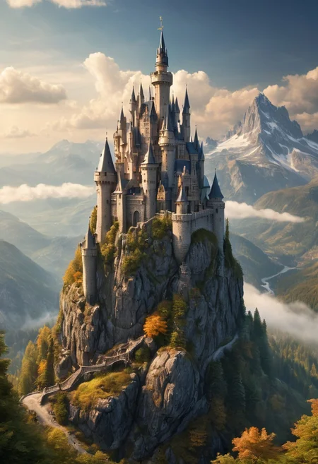 fairy tale castle on a (rock spire), mountain in background, best quality, masterpiece, illustration, realistic, photo-realistic, amazing, finely detail, incredibly absurdres, huge filesize, ultra-detailed, highres,