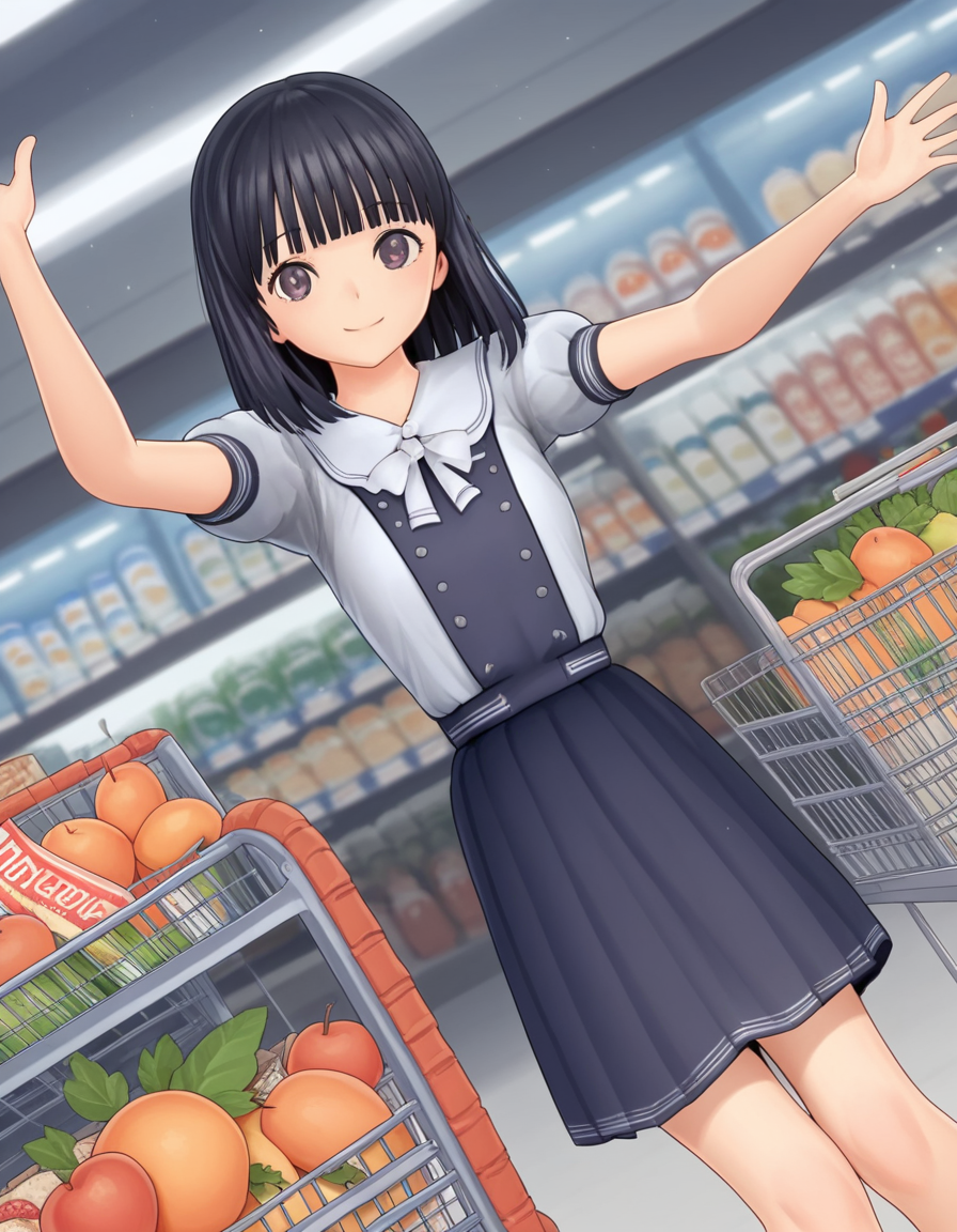 score_9, score_8_up, score_7_up, source_anime, <lora:rinze-himenogi-ingame-ponyxl-lora-nochekaiser:1>, rinze himenogi, bangs, black hair, blunt bangs, black eyes, 3d, skirt, dress, school uniform, short sleeves, puffy sleeves, black dress,, grocery store, shopping cart, picking fruits, everyday life, , smile, looking at viewer, on back, arm support, arms up, incoming hug, pov, reaching, reaching towards viewer,, solo,, dutch angle,