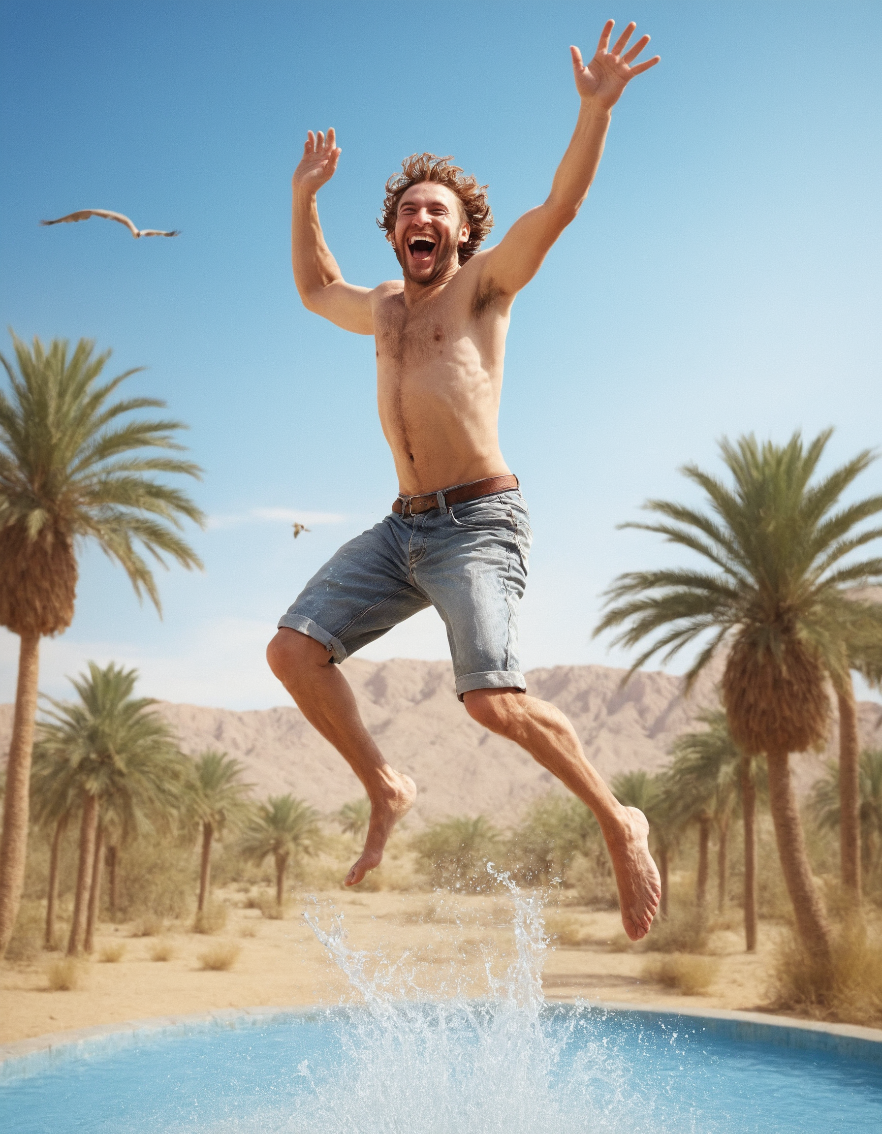 Hyperrealistic art Joyful Jaculus jumping in the Oasis of Happiness . Extremely high-resolution details, photographic, realism pushed to extreme, fine texture, incredibly lifelike
