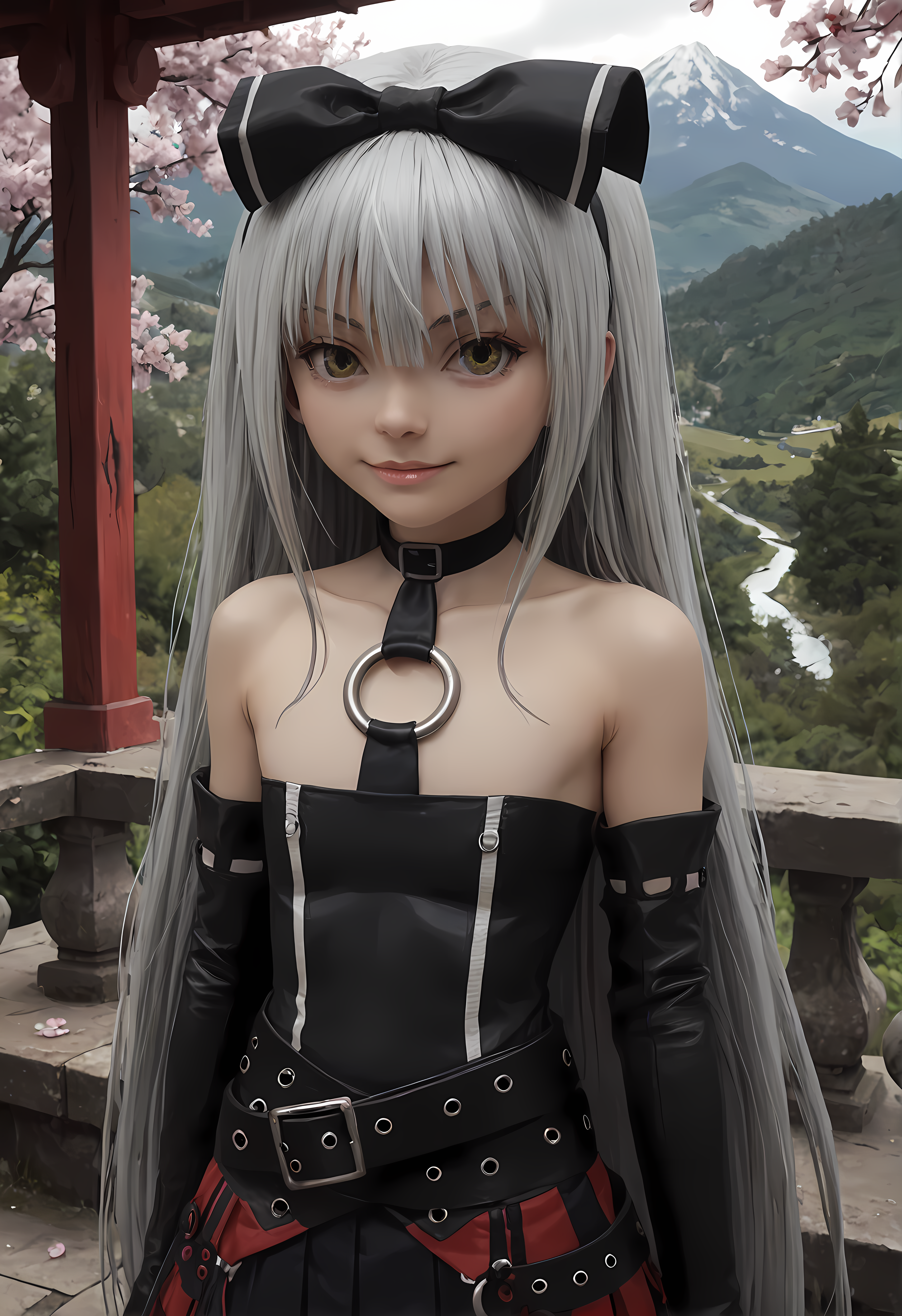 score_9, score_8_up, score_7_up,looking at viewer, shiny skin, upper body, light smile, petite,ohwx, grey_hair, long_hair, yellow_eyes, collarbone, very_long_hair, grey_eyes, hair_between_eyes, white_hair, short_hair, flat_chest, breasts,bare_shoulders, choker, bow, hair_bow, collar, ribbon, dress, skirt, black_bow, belt, black_dress, hair_ribbon, pantyhose, cosplay, gloves, elbow_gloves, black_pantyhose, hairband, thighhighs, shoes, necktie, pleated_skirt, o-ring, gothic_lolita, Traditional Japanese temple in the mountains with cherry blossoms, misty sunrise, tranquil atmosphere,<lora:sora_pony_sobsynapse-000003:0.9>