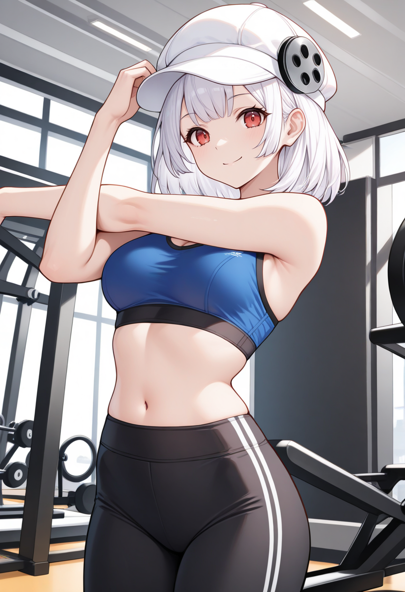 masterpiece, best quality, 1girl, solo, looking at viewer, cowboy shot, smile, gym, stretching
blue sports bra, black yoga pants
 <lora:zs_HikariILLU:1> hikaripq2, white hair, medium hair, red eyes, white cabbie hat,