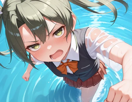(partially submerge:1.3),kantai_collection,zuikaku \(kancolle\),kantai collection,1girl,blouse,pleated skirt,bowtie,vest,solo,lace-trimmed bra,
<lora:IL_wet_clothes:1>,wd_clh,wet clothes,wet,wet hair,see-through,(skirt floating:1.6),
foreshortening,glaring at,looking at viewer,embarrassed,blush,furrowed brow,jitome,high angle,water,a little angry,open mouth,upturned eyes,looking up,clenched hand,walking,, masterpiece,amazing quality,best quality,ultra-detailed,8K,illustration,CG,shiny hair,clear skin,ultra-detailed-eyes,ultra-detailed-background,