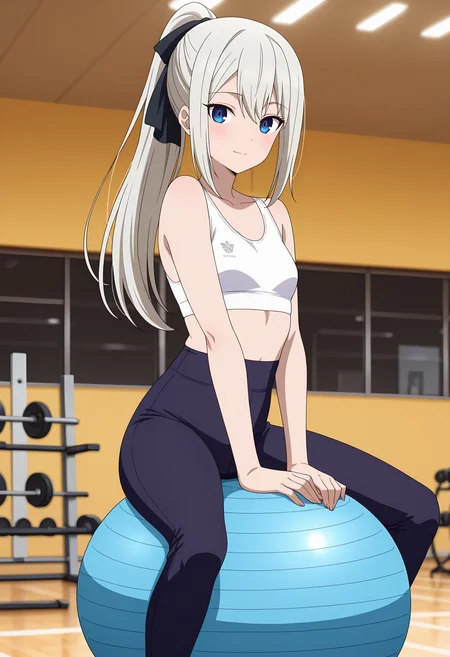 anime screencap, masterpiece, best quality,
<lora:Kaguya-samaWaKokurasetai_ShiroganeKei_IlluXL:0.9>,
1girl, solo, light smile, blush,
wide ponytail, long hair, grey hair, blue eyes, hair ribbon, black ribbon,
sportswear, white sports bra, small breasts, high-waist pants, black leggings,
sitting on object, exercise ball, own hands together, between legs, looking at viewer, cowboy shot,
gym, photo background, blurry background