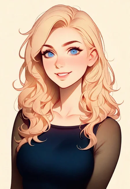 1girl, Lux(league of legends), blonde wavy hair, detailed blue eyes, big smile, teeth, medium breast, looking at viewer,
tight dark blue loong sleeve top,
(((beige background))), portrait,
masterpiece, best quality, very aesthetic,
artist : tsuaii,