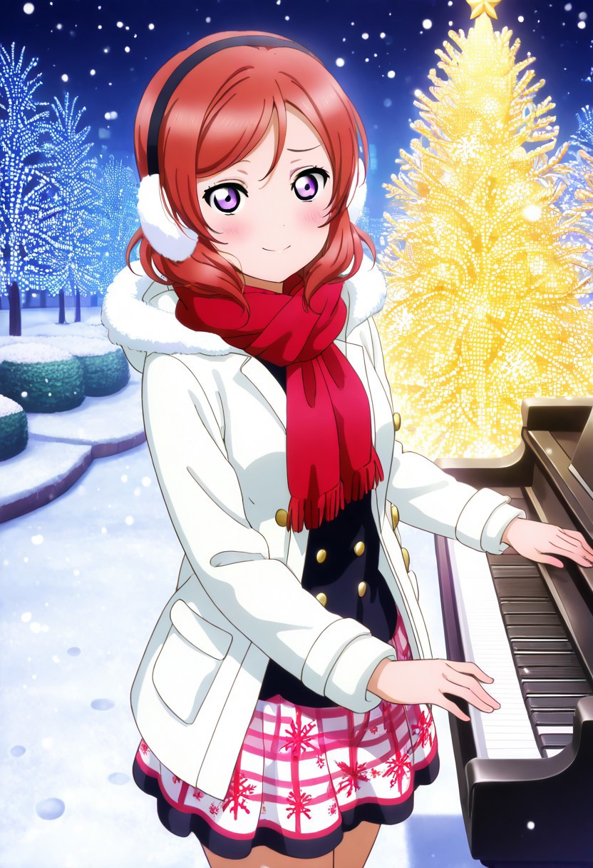 masterpiece, best quality, solo, 1girl, aged up, happy, 
 maki_nishikino, nishikino_maki, short hair, red hair, purple eyes, winter idol outfit, fluffy white coat, snowflake-patterned skirt, red ribbon scarf, earmuffs, snow-covered stage with twinkling fairy lights, soft snowfall, serene piano melody, peaceful and warm smile, cozy and heartfelt performance