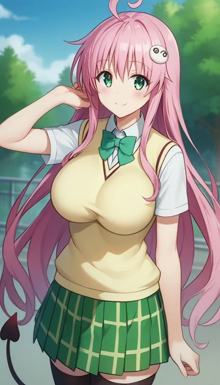 score_9,score_8_up,score_7_up,score_6_up BREAK official art,solo,outdoors,cowboy shot,looking at viewer,facing viewer,smile,blush,Lala Satalin Deviluke,ahoge,very long hair,pink hair,hair ornament,sidelocks,bangs,green eyes,school uniform,sweater vest,yellow vest,white shirt,collared shirt,green bowtie,short sleeves,large breasts,miniskirt,green skirt,plaid skirt,pleated skirt,demon tail,zettai ryouiki,black thighhighs,loafers,<lora:Lala Satalin Deviluke(tlr)-Pony:1.8>,