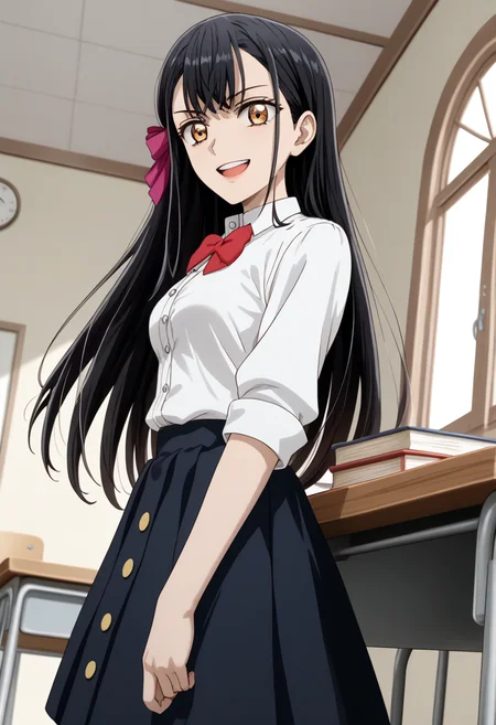 score_9,score_8_up,score_7_up,score_6_up,detailed,1girl,solo,source_anime,highres,4k,WilliamsAlicia<lora:WilliamsAlicia>,(black hair),long hair,golden eyes,jewelry,necklace,ribbon,hair ribbon,williamsalicia,alicia,Villainess,smile,looking at viewer,looking to side,medium breasts,summer breeze,spinning around,open eyes,open mouth,upper teeth only,inside,school,looking down,red bowtie,white shirt,standing at desk,skirt,buttons,grin face,confident,
(red school uniform),fullbody,highheels,from below,from side,long hair,white frills,red hairbow,
