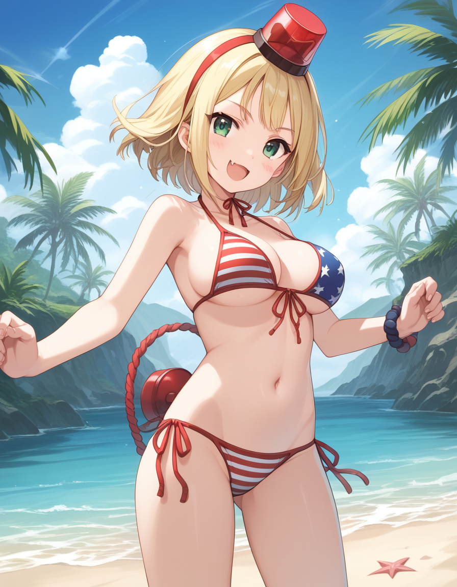 patoranran, blonde hair, green eyes, short hair,  blush stickers, large breasts, fang
american flag bikini, side-tie bikini bottom,  
 <lora:patoranran_pony_v2:1>
standing, dynamic pose ,
open mouth, blush,light smile
looking at viewer,(cowboy shot,:1.3),
 outdoors, beach, score_9, score_8_up, score_7_up, score_6_up, BREAK source_anime, best quality,very aesthetic, zPDXL2,official art,1girl, solo,