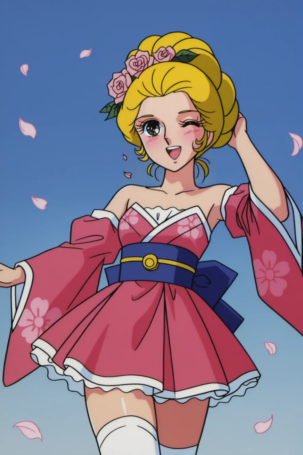 <lora:VersaillesnoBara:1>, VersaillesnoBara, retro artstyle, 1girl, one eye closed, solo, flower, hair ornament, thighhighs, smile, rose, detached sleeves, open mouth, hair flower, japanese clothes, white thighhighs, looking at viewer, wide sleeves, floral print, petals, ;d, blush, pink flower, day, pink rose, hand in own hair, skirt,