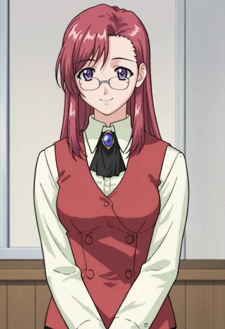 source_anime, score_9, score_8_up, score_7_up, white background, 1girl, solo, cowboy shot, <lora:KazamiMizuho:0.8> kazami mizuho, , teacher, vest, brooch, smile, long hair, glasses,