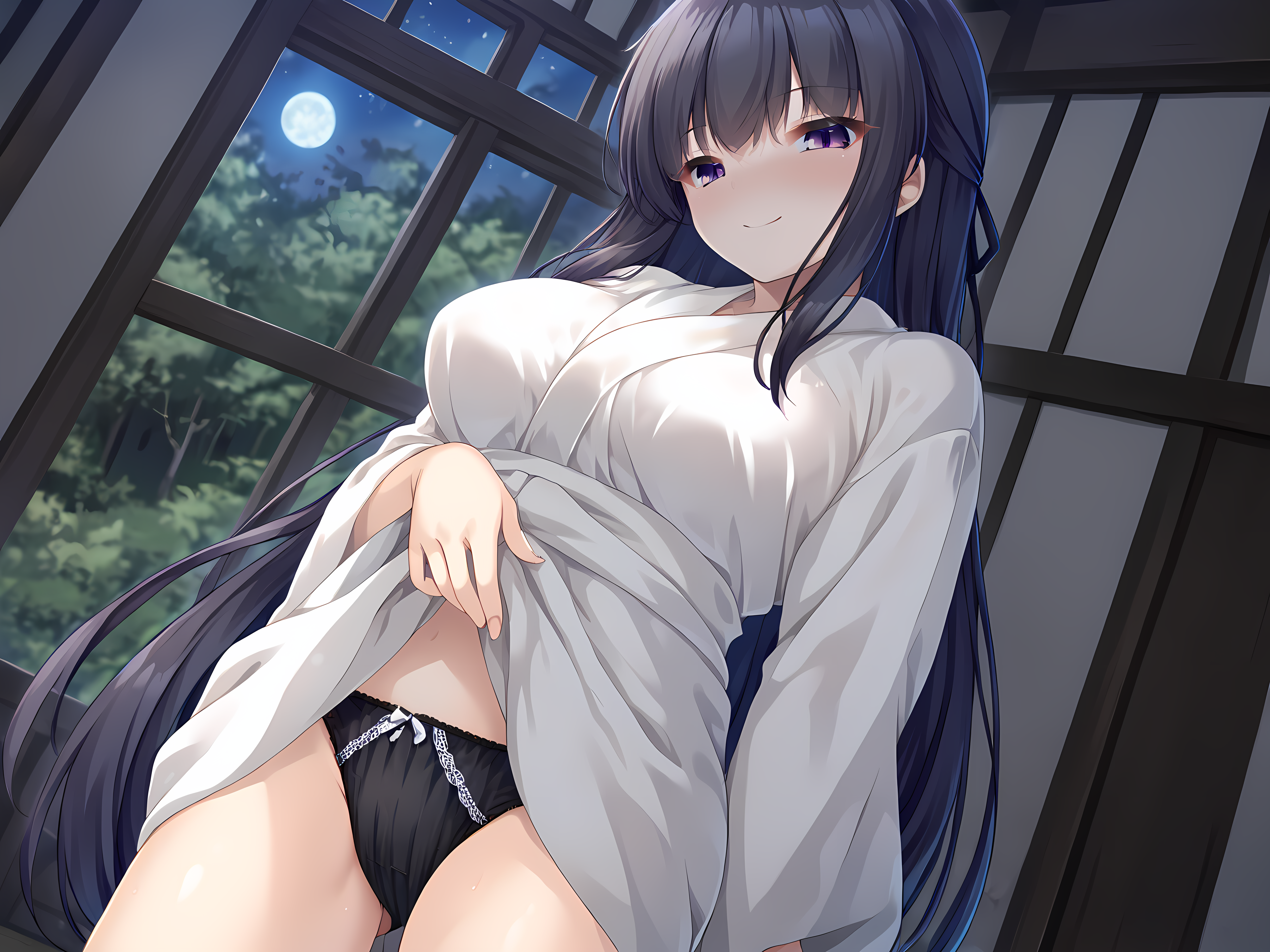 1girl,kimono,looking at viewer,breasts,escude,kagami,purple eyes,large breasts,window,<lora:ESCUDE_-_Haisen_Shoujo_-_Kagami:0.9>,moonlight,night,standing,hunched over,closed mouth,smile,looking down,blush,aroused,in heat,black panties,panty peek,front slit,teasing,, score_9, score_8_up, score_7_up,source_anime,(masterpiece),(best quality),(ultra-detailed),(best illustration),(best shadow),(absurdres),(detailed background),(very aesthetic),source_anime