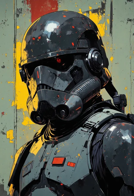 A sci-fi elite star wars stormtrooper with a futuristic helmet and armor, cel-shaded, comic book style, high-contrast lighting, minimal shading, neo-noir aesthetics, detailed linework, digital illustration