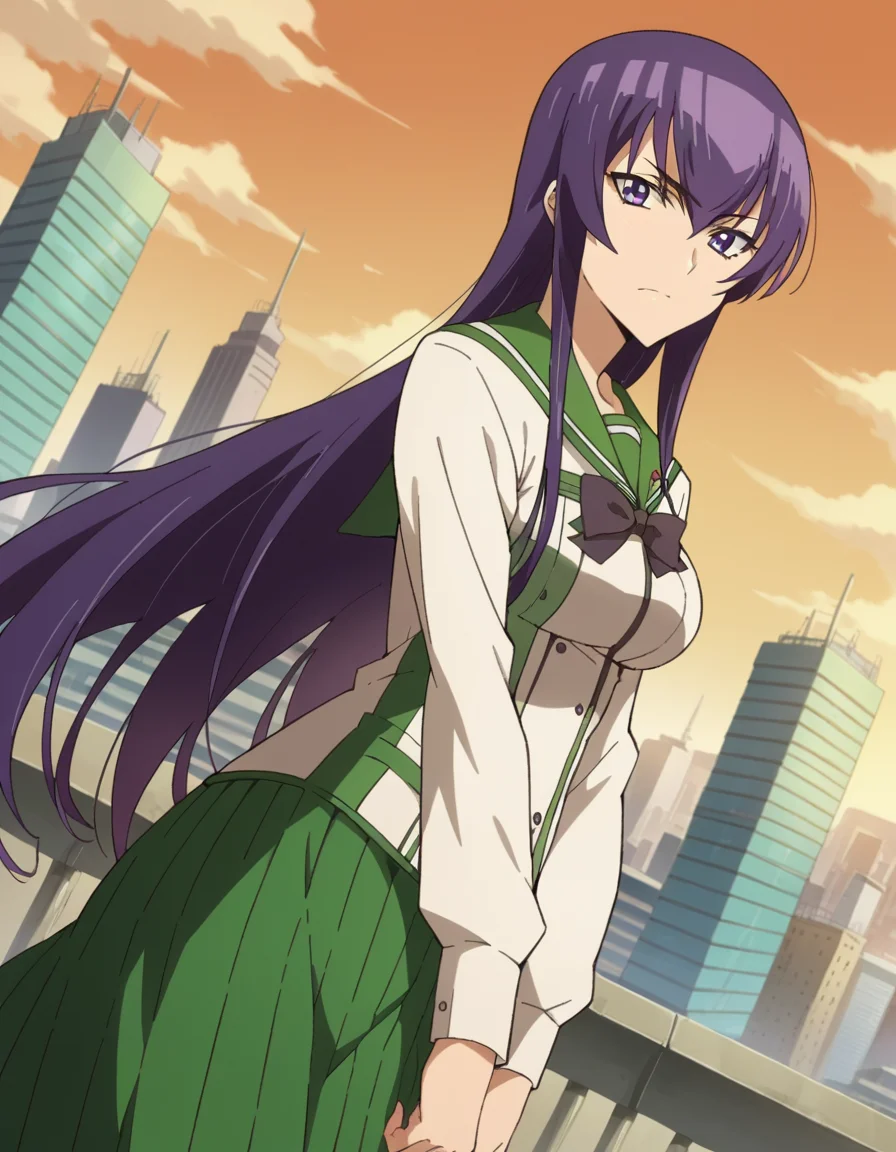 score_9, score_8_up, score_7_up, source_anime,
saekobusujima, <lora:saeko-busujima-ponyxl-lora-nochekaiser:1>,
saeko busujima, long hair, purple hair, purple eyes, hair between eyes,
skirt, long sleeves, bow, school uniform, serafuku, green skirt,
outdoors, cityscape, zombies, orange sky,
looking at viewer, dutch angle,