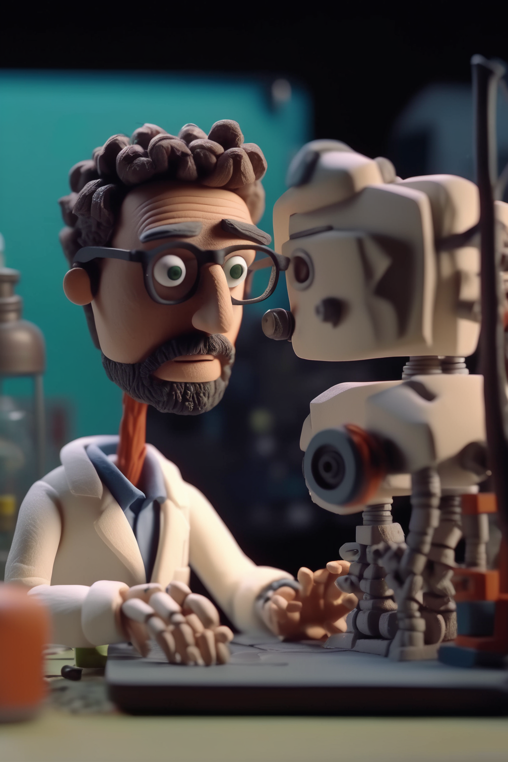 <lora:Stop-Motion Animation:1>Stop-Motion Animation - close up view claymation of a scientist, looking at his computer screen and a robot standing beside him.