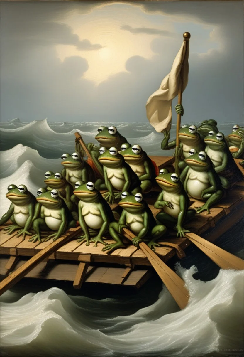 detailxl, high quality, intricate, renaissance_painting of,
frog, sad pepe_frog,
(crowd of frogs on a raft lost on sea, starving, white flag),
(raft, sea background),
(La Meduse painting by Theodore Gericault:1.5)