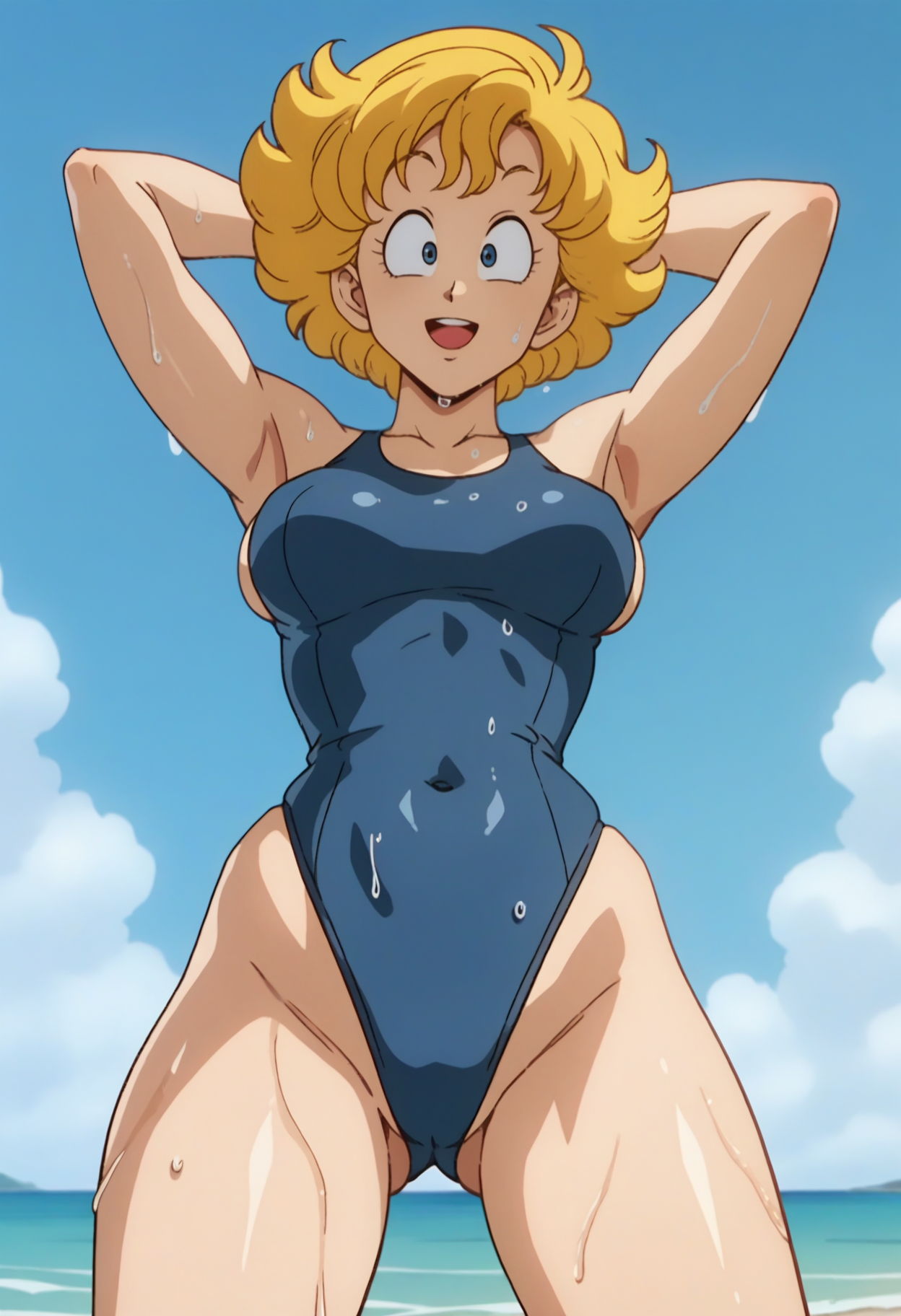 score_9, score_8_up, score_7_up, score_6_up, anime screencap, anime coloring, <lora:DBExtraGirlNur_epoch_7:0.9>, DBExtraGirlNur, 1girl, solo, blonde hair, short hair, blue eyes, medium breasts, 
blue one-piece swimsuit, skindentation, 
looking at viewer, wet, arms up, smile, open mouth, legs apart, cowboy shot, 
BREAK beach, sunbeam, sky, blue sky,