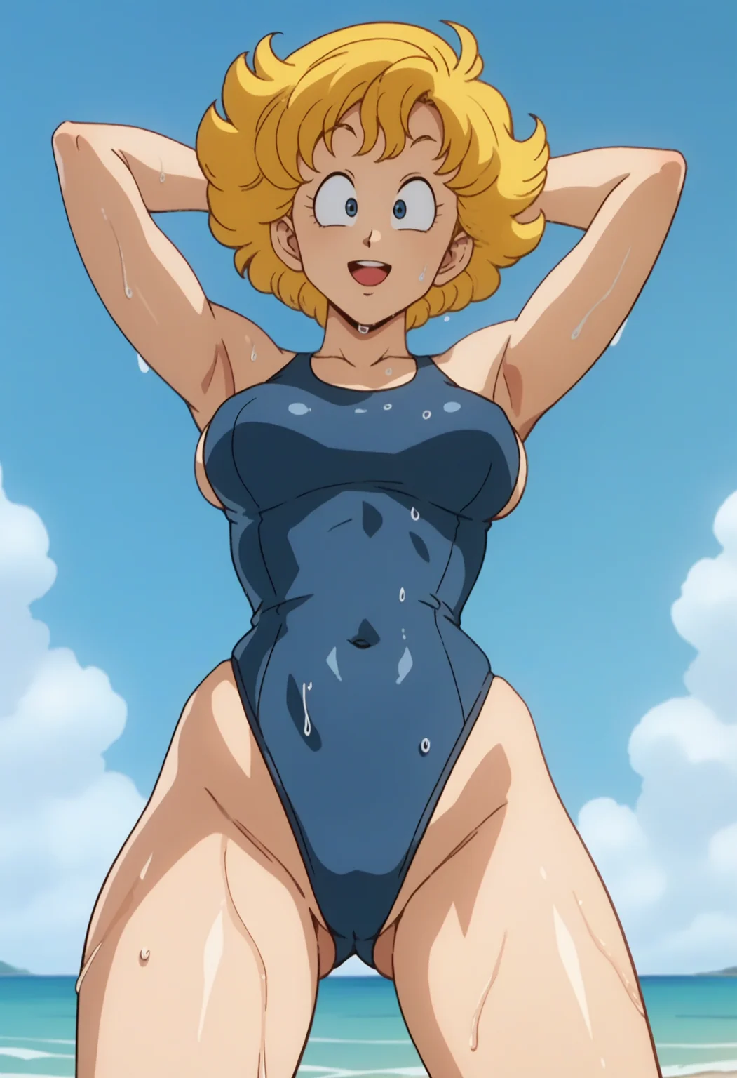score_9, score_8_up, score_7_up, score_6_up, anime screencap, anime coloring, <lora:DBExtraGirlNur_epoch_7:0.9>, DBExtraGirlNur, 1girl, solo, blonde hair, short hair, blue eyes, medium breasts,
blue one-piece swimsuit, skindentation,
looking at viewer, wet, arms up, smile, open mouth, legs apart, cowboy shot,
BREAK beach, sunbeam, sky, blue sky,