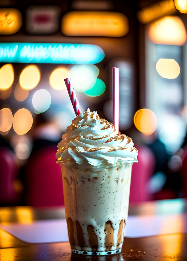 photo of a yummy loaded milkshake in a glass, syrup, whipped cream, busy retro diner, warm lighting, cozy, well-lit, blurred background