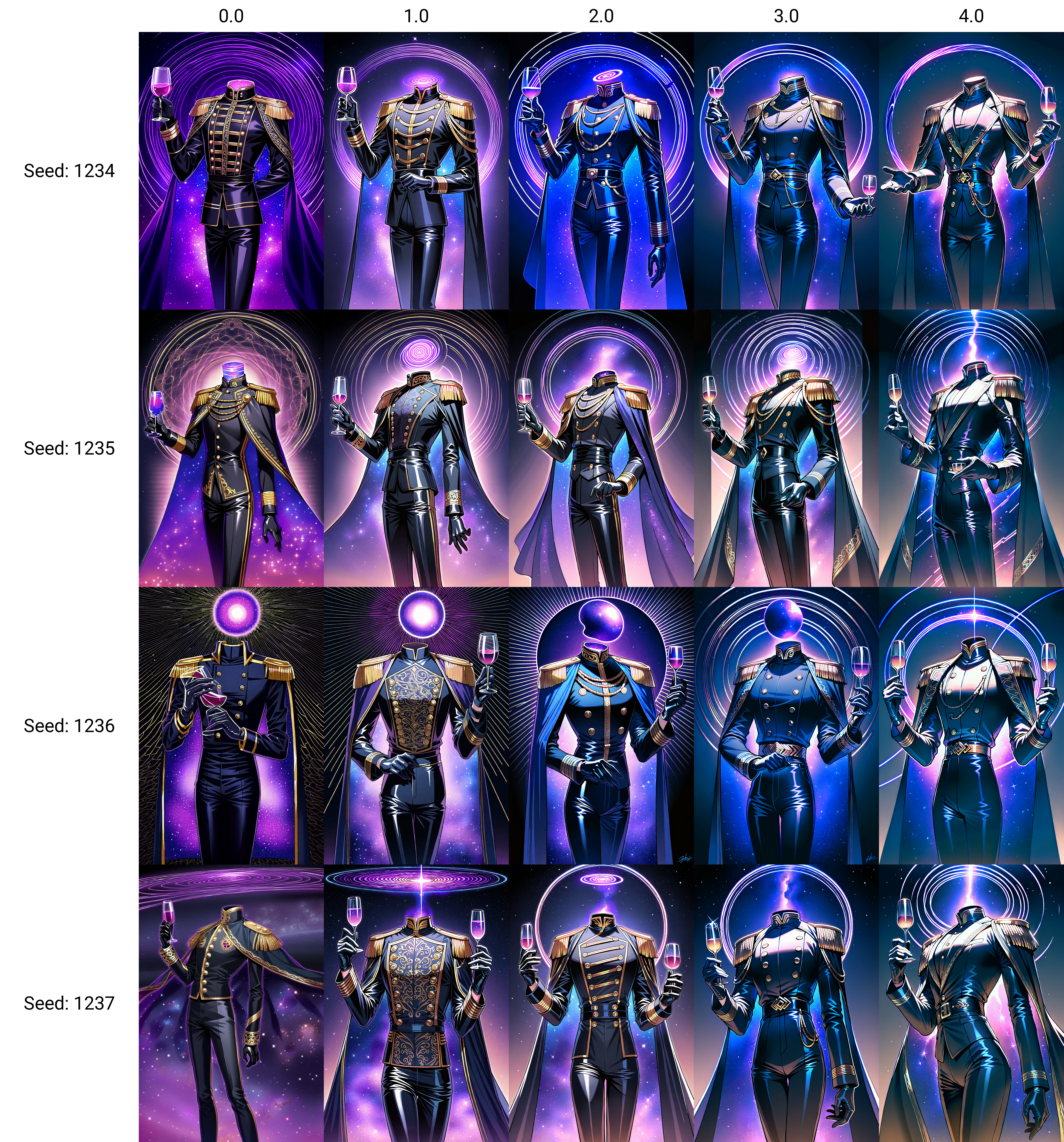 head, object head, headless, faceless, purple cosmic spiral, male focus, bishounen, Detailed clothing, gold embroideries and flower patterns on clothing, Looking at the side, holding a glass of wine, Black formal military-inspired suit with high collar and fitted long-sleeve jacket, gold buttons, gold epaulets, cape with purple cosmic interior decors, wearing black leather gloves, matching black and gold trousers with stripes, outer space, blue and pink gradient behind cape, detailed background <lora:NAI_DetailV1.1:0.0>