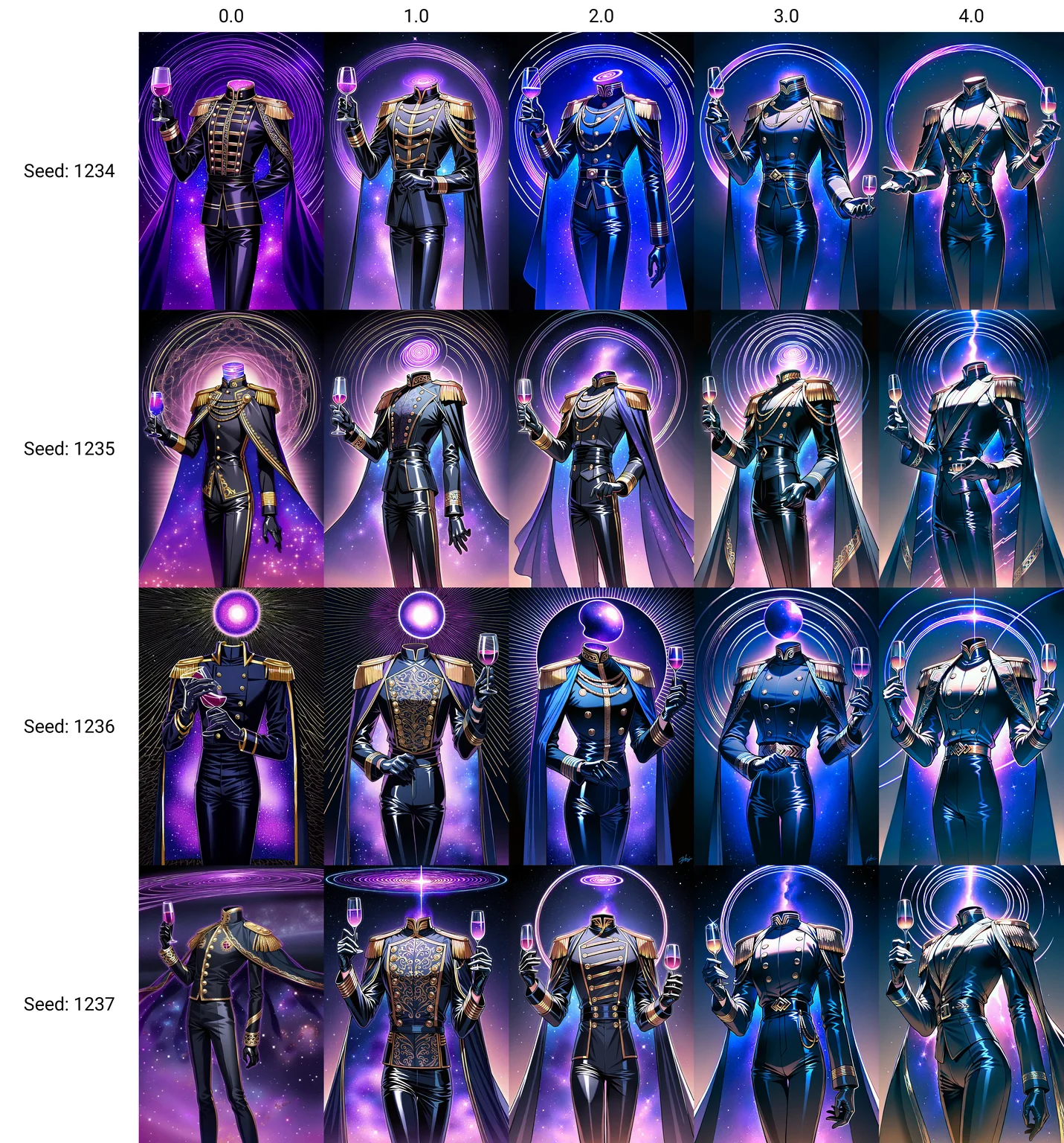 head, object head, headless, faceless, purple cosmic spiral, male focus, bishounen, Detailed clothing, gold embroideries and flower patterns on clothing, Looking at the side, holding a glass of wine, Black formal military-inspired suit with high collar and fitted long-sleeve jacket, gold buttons, gold epaulets, cape with purple cosmic interior decors, wearing black leather gloves, matching black and gold trousers with stripes, outer space, blue and pink gradient behind cape, detailed background <lora:NAI_DetailV1.1:0.0>