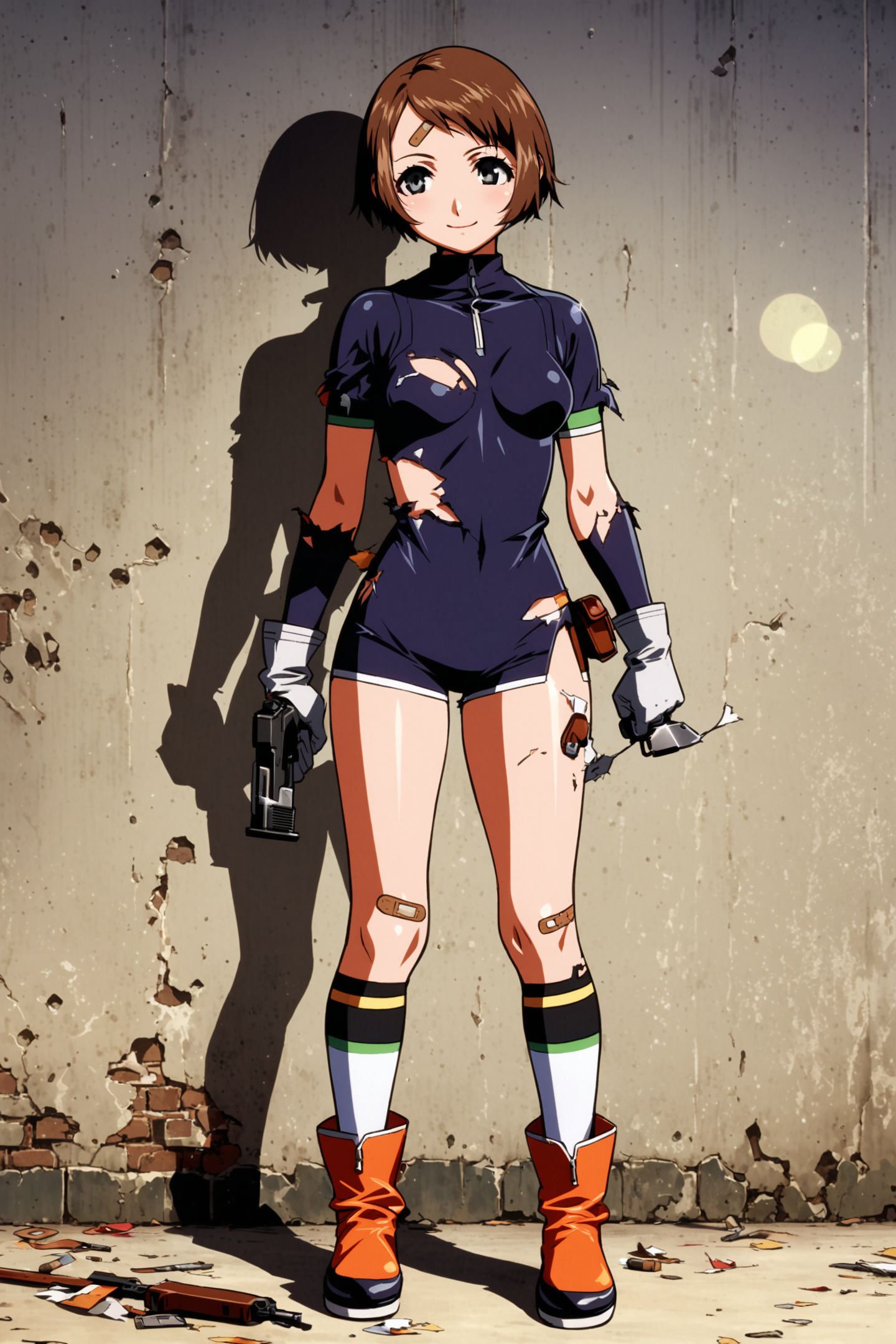 Asami Igarashi,1girl,solo,dual wielding,gun,bandaid,weapon,short hair,torn clothes,holding,handgun,gloves,bodysuit,boots,bandaid on leg,bandaid on forehead,lens flare,shadow,smile,bandaid on knee,breasts,socks,standing,brown hair,small breasts,bandaid on face,<lora:Yasuomi Umetsu_XL:0.8>,