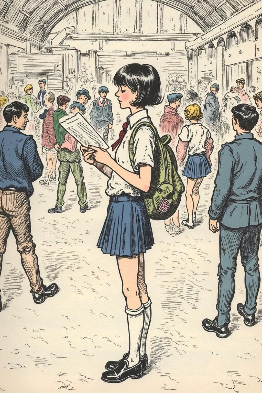 gusdore1 illustration.
Profile of a high school student in uniform, white socks and black shoes, standing in the middle of a train station, holding two acceptance letters--one for a local college and the other for an overseas university. The station is bustling with people moving in every direction, while she stands still, eyes closed, taking a deep breath as she tries to decide which future to follow   <lora:gusdore1_flor2_d4a2:1.0><lora:799566509564357324:0>