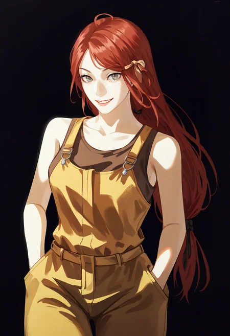 score_9, score_8_up, score_7_up, score_6_up, score_5_up, score_4_up,
BREAK
1girl, abella funger, red hair, grey eyes, light smile, low-tied long hair, long hair, hair ribbon, tied hair, swept bangs,
BREAK
standing, yellow overalls, medium breasts, brown tank top, hands in pockets,
BREAK
black background, simple background, dynamic pose, dark, <lora:Lunas-Uqi32-SDXL-A1:1> <lora:Lunas-Abella-Funger-SDXL-A1:1>