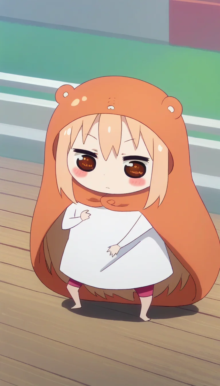 score_9,score_8_up,masterpiece,best quality,correct anatomy,anime_source,1girl,solo,perfect eyes,perfect arms,perfect legs,perfect face,outdoors,Doma Umaru-Chibi,chibi,hood,animal costume,long hair,light brown hair,sidelocks,bangs,brown eyes,blush stickers,white shirt,pink pants,barefoot,<lora:Doma Umaru-Chibi(huc)-Pony:1.8>,