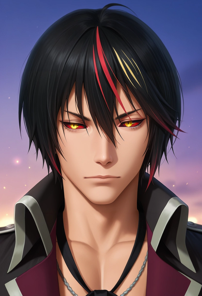 masterpiece, best quality, intricate details, (photorealistic:0.6),, 1boy, solo, male focus, <lora:diablo_tensura_ilxl:1>, diablo_tensura, black hair, yellow eyes, multicolored hair, streaked hair, red hair, hair between eyes, colored sclera, ,