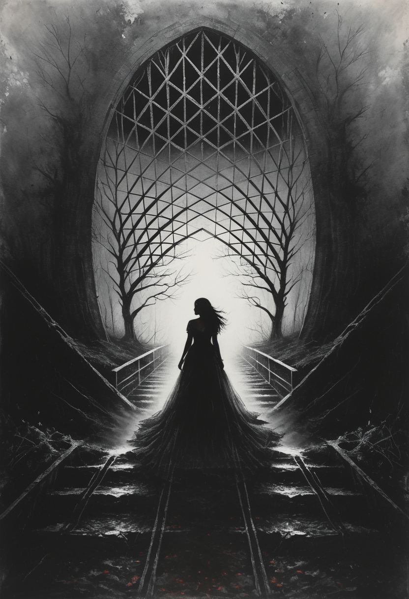Charcoal drawing, crayons, black pencil drawing, pencil drawing, black and white drawing, graphite drawing, Poster âTwilight was falling, and the girl stood at the edge of the forest, looking at an old abandoned house, shrouded in a mysterious fog. Her dress fluttered slightly in the wind, and the light from behind the clouds, her figure was softly illuminated, creating a black silhouette of her figure, creating an atmosphere of anticipation and anxiety. Dark shadows were hiding in the distance among the trees, adding a feeling of the unknown and mystical waiting for her in this forgotten place. What secrets does this house hide? painting in the style of artists such as Russ Mills, Sakimichan, Vlop, Leush, Artgerm, Darek Zabrocki and Jean-Baptiste Monge