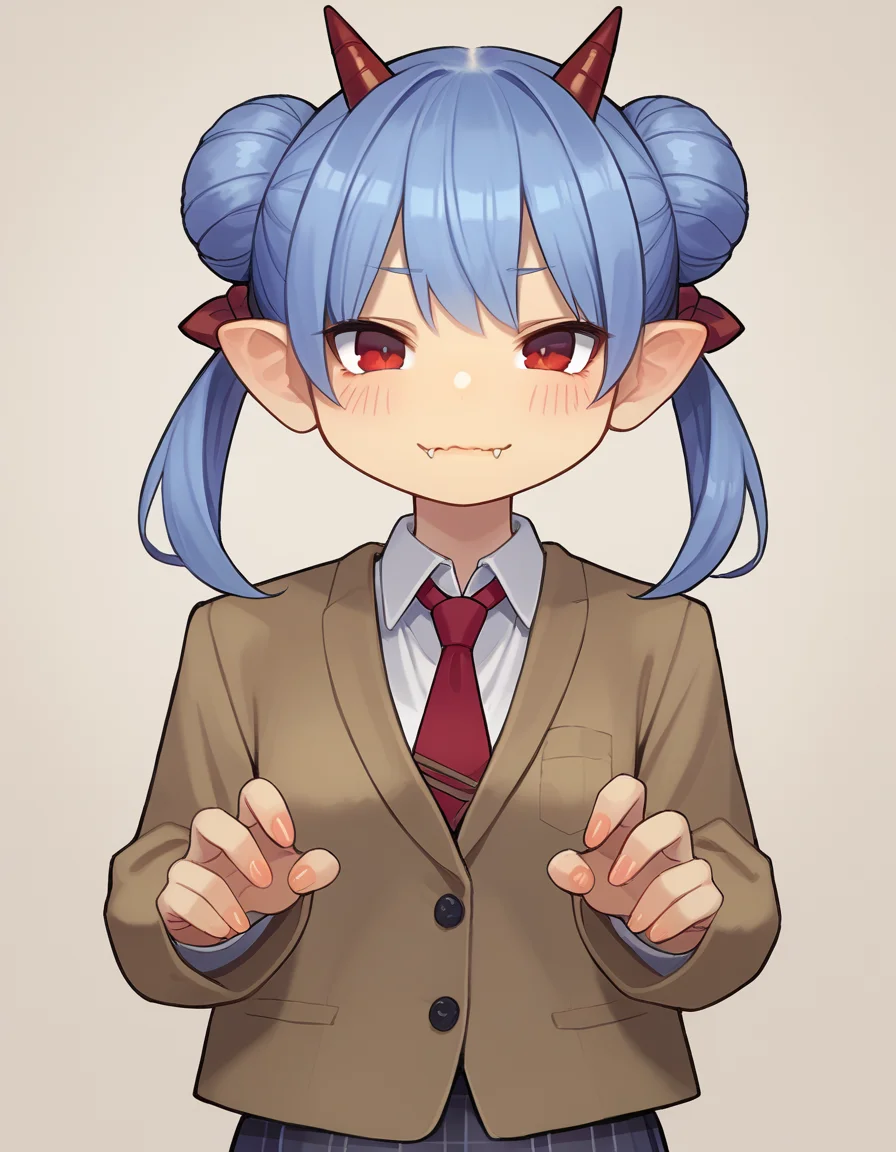 zPDXL, score_9, score_8_up, score_7_up, source_anime, 1girl, solo, (portrait),
<lora:Yomu_v1:1> y0mu, <lora:Nullantwins:0.8> Zhuu, blue hair, red eyes, pointy ears, fangs, large fangs, red horns, demon tail, small breasts, (double bun, twintails),, wavy mouth, closed mouth, scorpion_pose, school uniform, necktie, plaid, pantyhose,