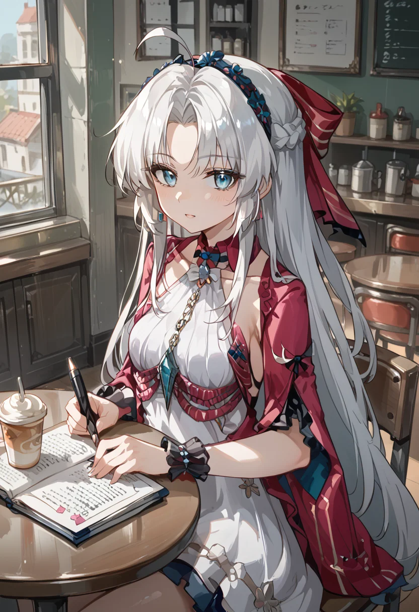score_9, score_8_up, score_7_up, BREAK source_anime, (masterpiece), (best quality), 1girl, long hair, white hair, ahoge, dress, from front, closeup upper body, sitting on chair, cafe, notebook on table, grabbing a pen, (from above:0.6), (from side:0.6), (ultra detailed), shine, <lora:carlotta-V1:1>, looking at viewer, no emotion