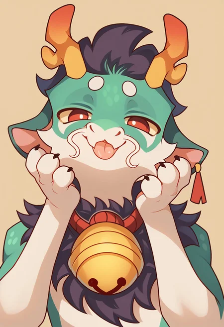 score_9, score_8_up, score_7_up, BREAK high quality, hires, male, solo, anthro, furry, buff body, antlers, red eyes, bell, looking at viewer, seducing, claws, looking at viewer, cute, open smile, tongue, half-closed eyes