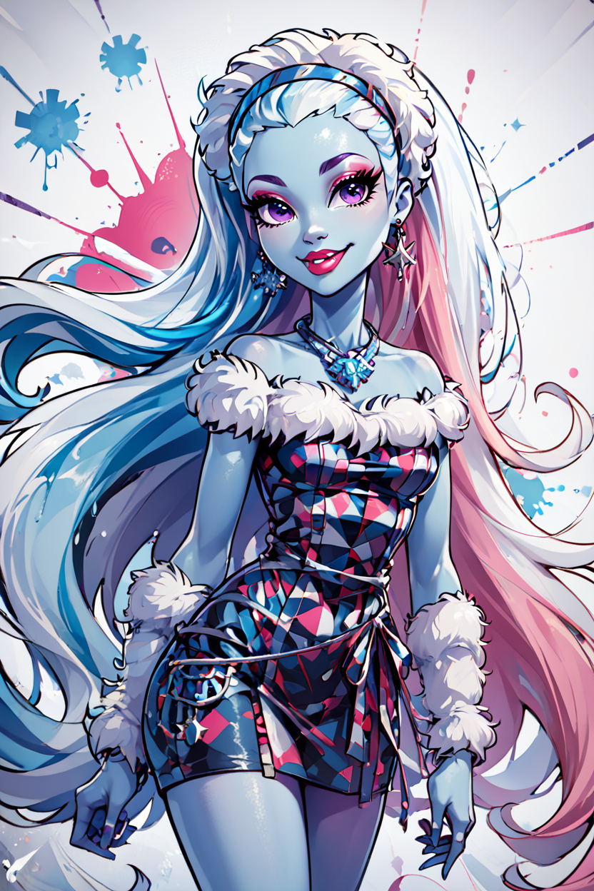 score_9, score_8_up, score_8, medium breasts, (curvy), cute, eyelashes,       ,,, , ,,, zzAbbey, purple eyes, blue hair, hairband, long hair, multicolored hair, pink hair, very long hair, white hair, colored skin, blue skin, makeup, jewelry, dress, earrings, fur trim, bare shoulders, necklace, eyeshadow, lipstick,  <lora:AbbeyBominable_MH_PDXL:0.8>,    ,,,, BREAK, smile, looking at viewer, ,,, abstract background, white outline, cowboy shot, ,,, embedding:zPDXL, Expressiveh, ,,, <lora:CatalystStylePDXL:0.6>, <lora:SDXLFaeTastic2400:0.5>, <lora:Expressive_H-000001:0.4>,